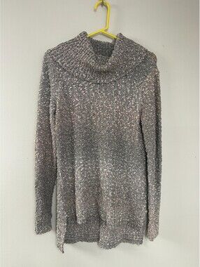 ELLE Womens Small Gray Boucle Cowl Neck Tunic Sweater Long Sleeve Knit